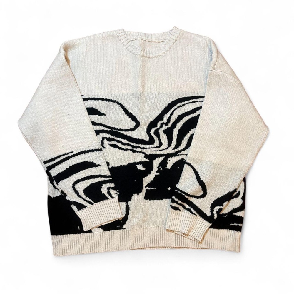 Mens Abstract Knit Crewneck Sweater Cream Black Swirl Pattern Streetwear Large